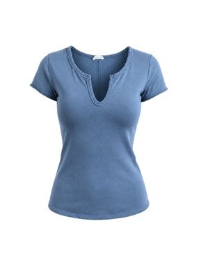 La Miel Women's Blue Cotton Short Sleeve Notch Neck T-Shirt Size L